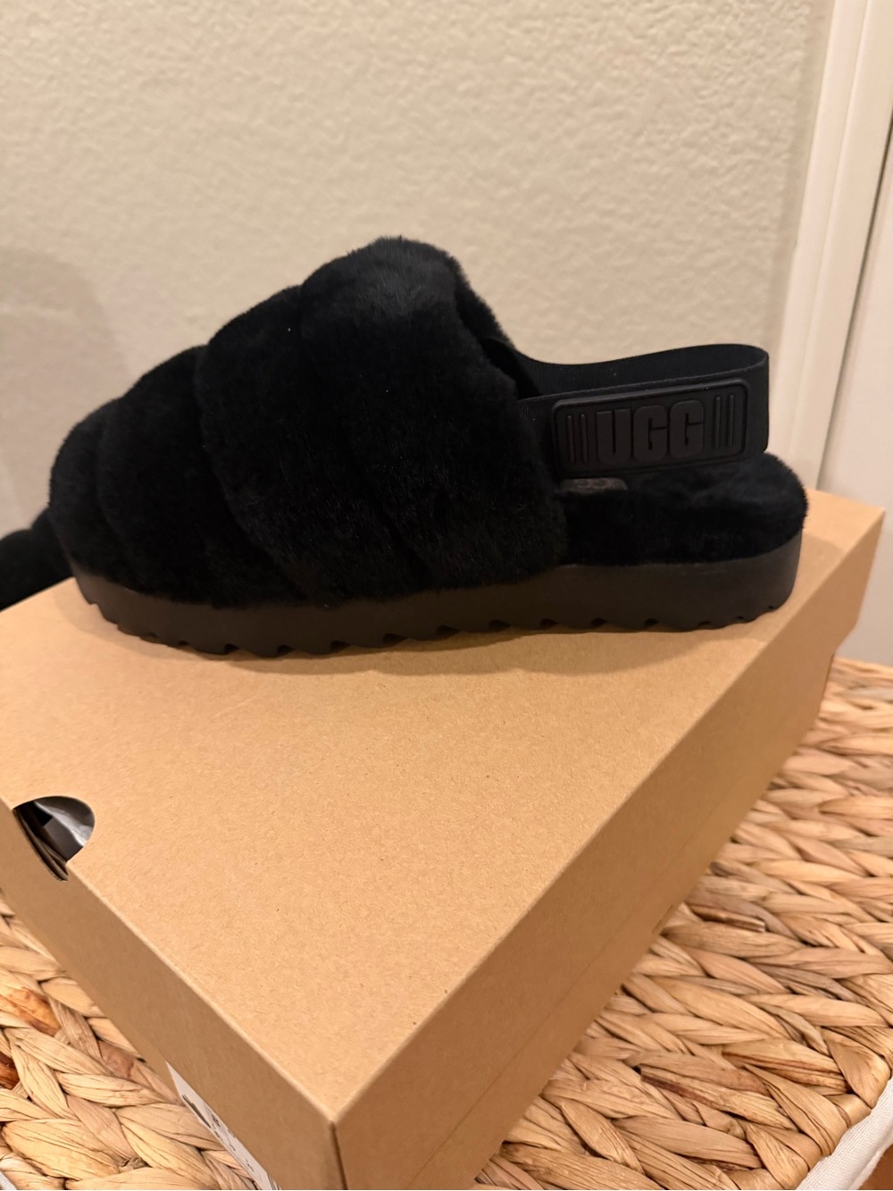 UGG Black Fluff Slide with Branded Heel Strap